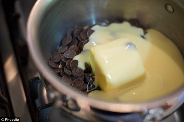 Next, melt some butter over chocolate melts until a smooth mixture forms 