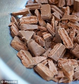 Chocolate Tim Tams and shredded coconut are mixed together