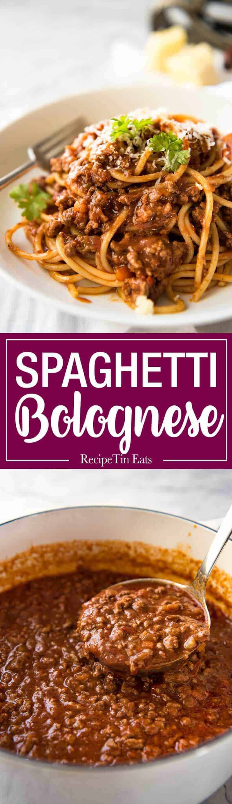 Spaghetti Bolognese - Thick, rich tomato sauce with gorgeous depth of flavour, on the table in 30 minutes! www.recipetineats.com