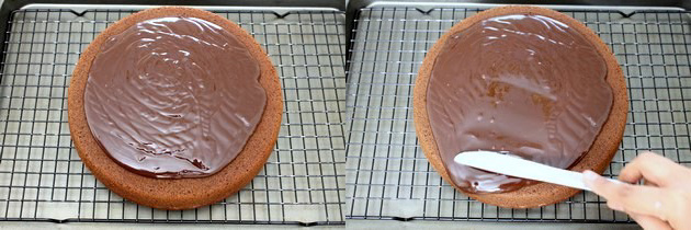 frosting the cake with ganache