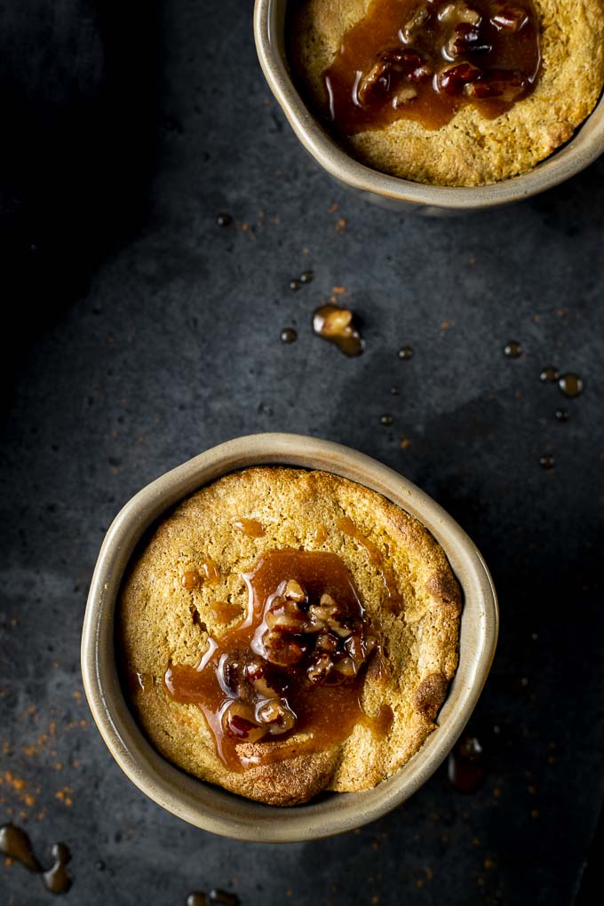 pumpkin souffle with pecan caramel sauce on top